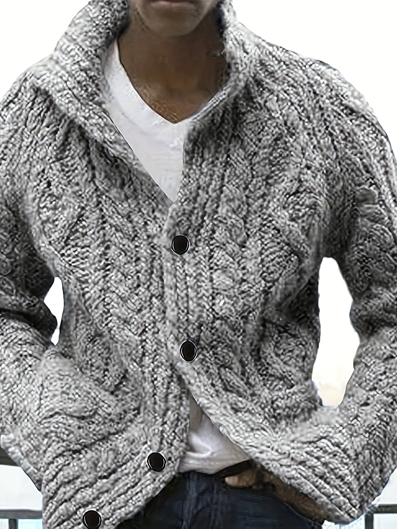 Men's casual sports sweater, solid color chunky knit cardigan with a relaxed stand-up collar design, crafted from thick knitted fabric for a textured and dimensional look. Features single-breasted buttons and pocket details,