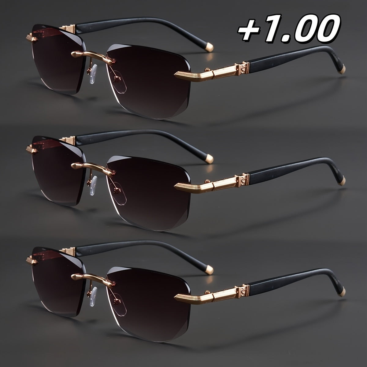 3-Pack, Stylish Men's Frameless Reading Glasses, Elegant Metal Frame, Options: 100, 150, 200, 250, 300, 350, 400 Degrees,christmas Gifts