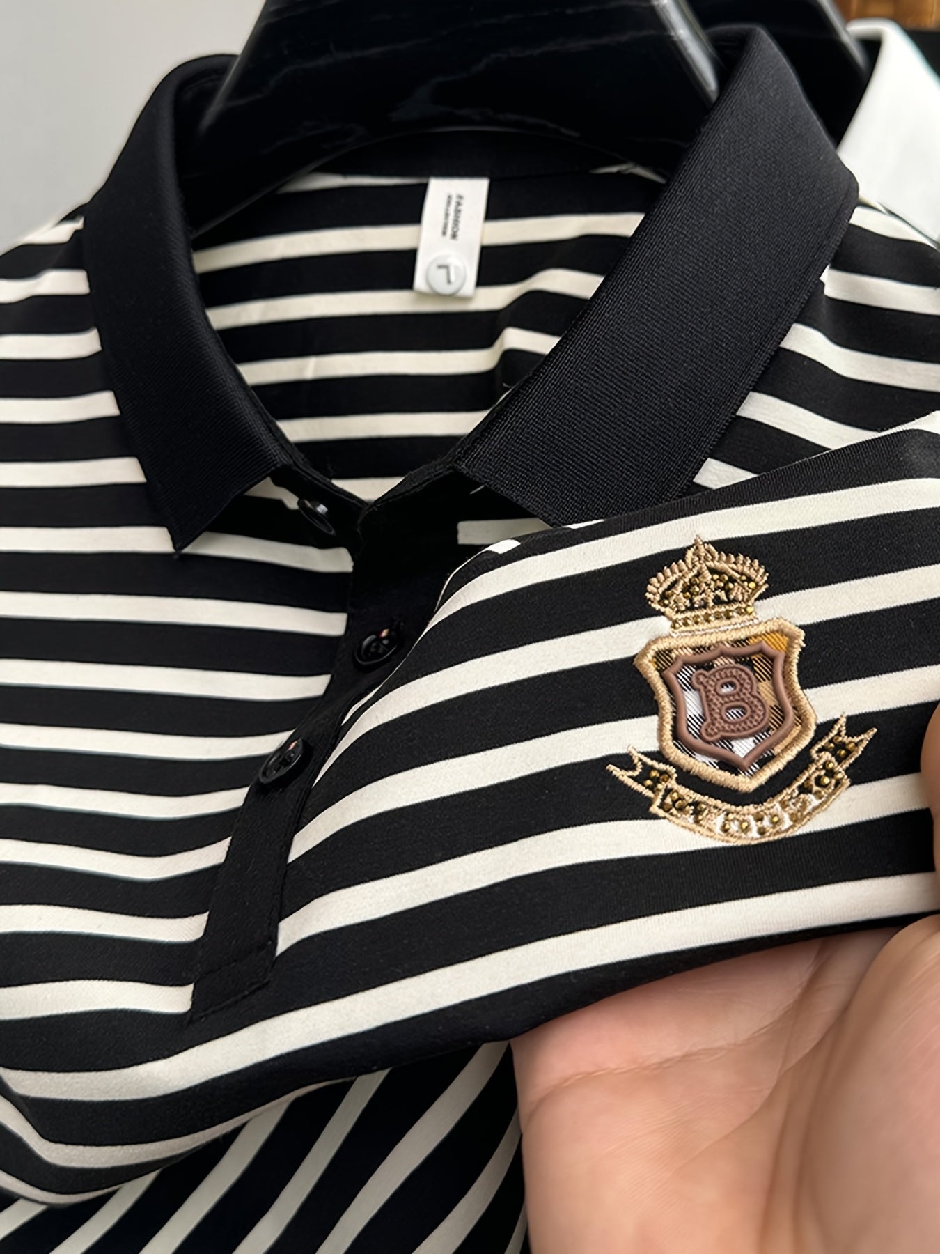 Men's Slim Fit Golf Shirt - Black & White Striped Breathable Short Sleeve with Logo, Button-Up Collar for Outdoor Sports & Casual Wear, Machine Washable