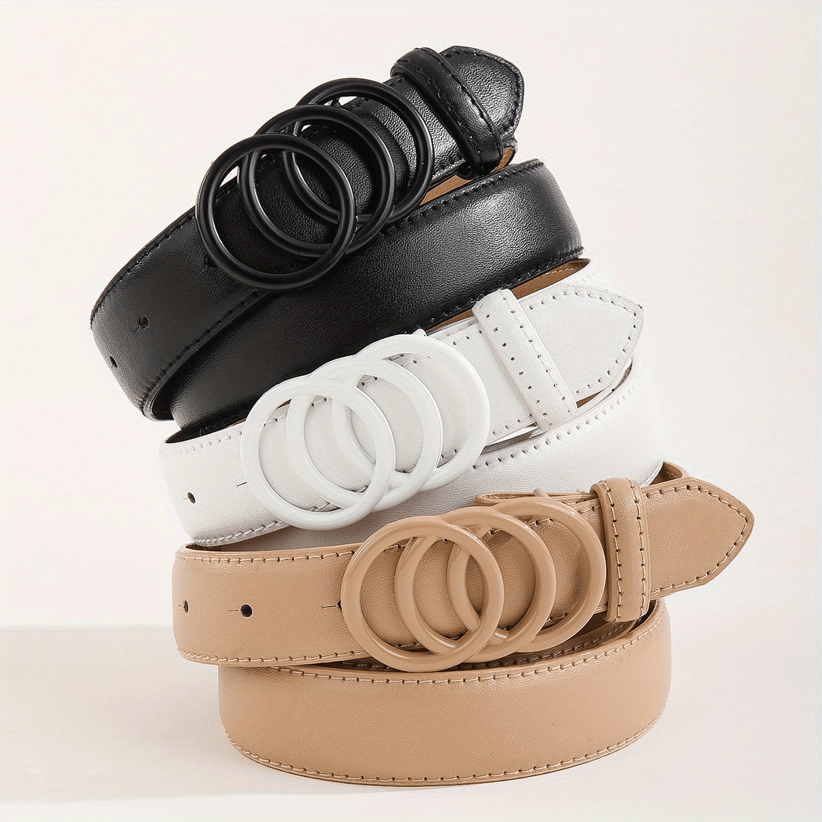 Lot de 3 ceintures fines – Boucle métallique, couleurs noir/blanc/beige, design à multiples trous, pour tenue décontractée, formelle et plage, ceintures durables pour hommes et femmes