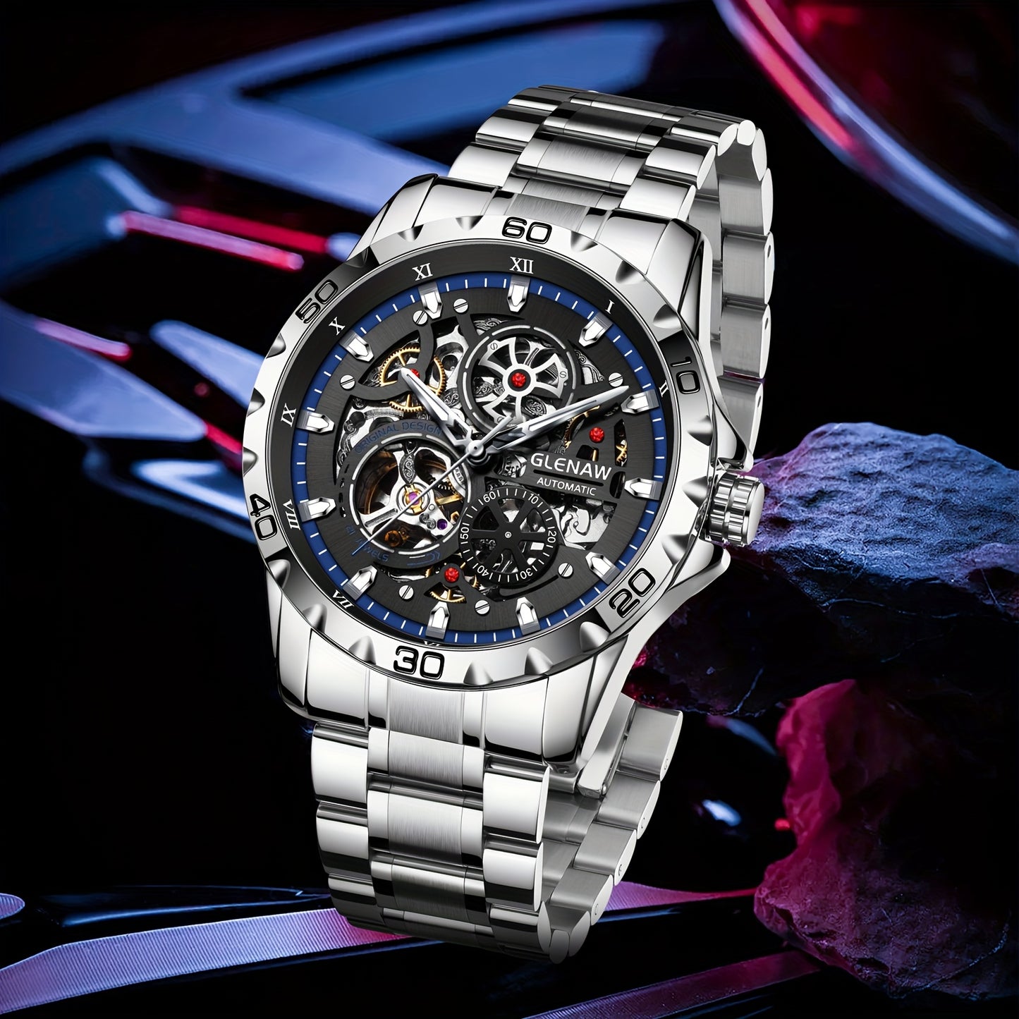 Men's Flywheel Automatic Watch Men's Skeleton Watch Rotating Men's Watch Steel Band Skeleton Self-winding Mechanical Watch