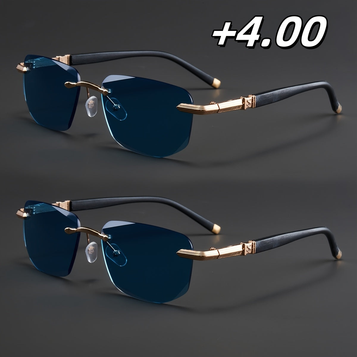 Two Pairs, Bundled Set, Stylish, Men'S, Exquisite, Luxurious, Rimless, Beveled Edge, Reading Glasses, Metal Frame, Options: 100, 150, 200, 250, 300, 350, And 400 Degrees, Without Battery, Christmas Gifts