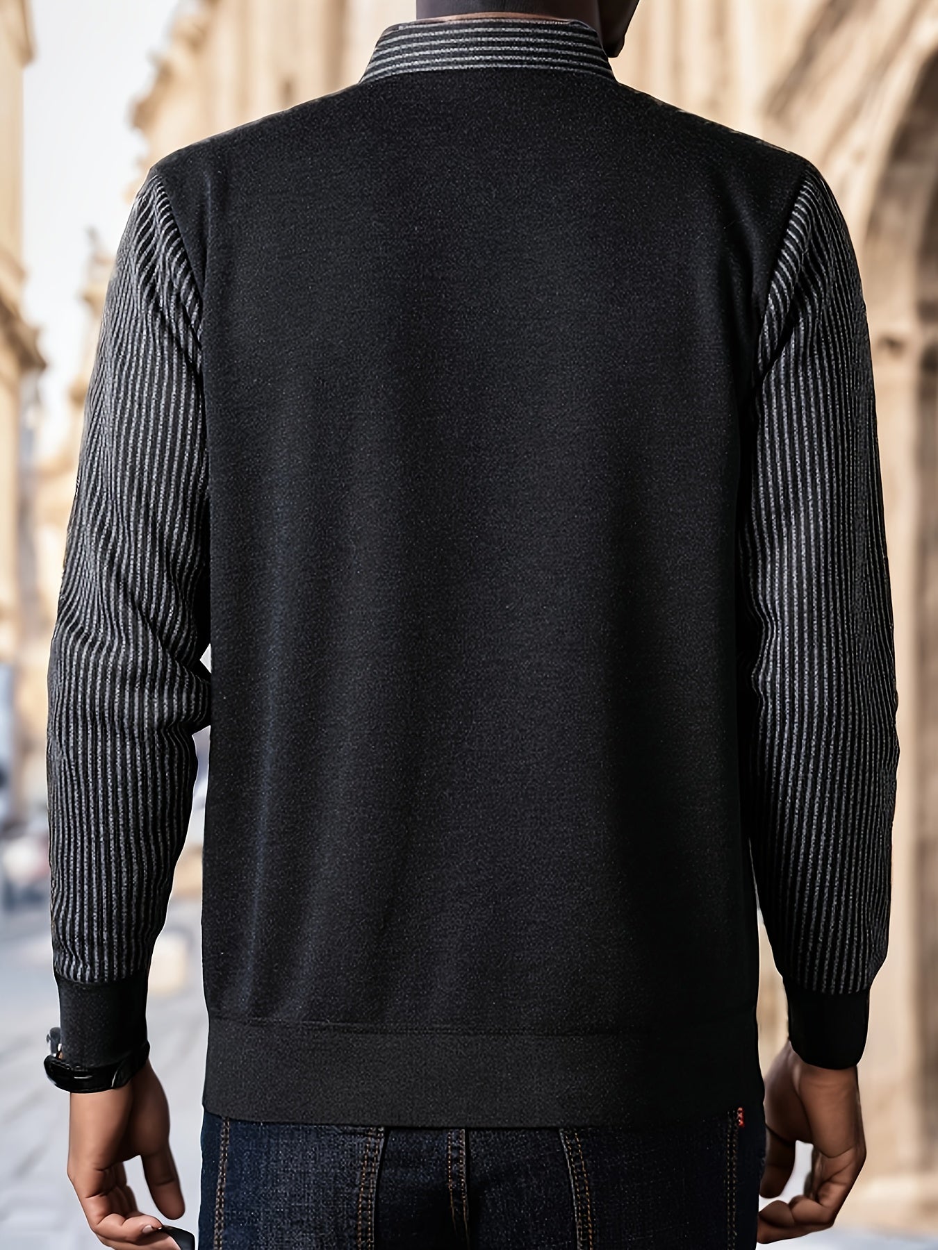 Men's Casual Knit Polyester Sweater - Long Sleeve Layered-Look Lapel Collar with Striped Pattern and Embroidered Detail - Perfect for Sports, Travel, and Office Wear - Spring/Fall Lightweight Stretch Pullover