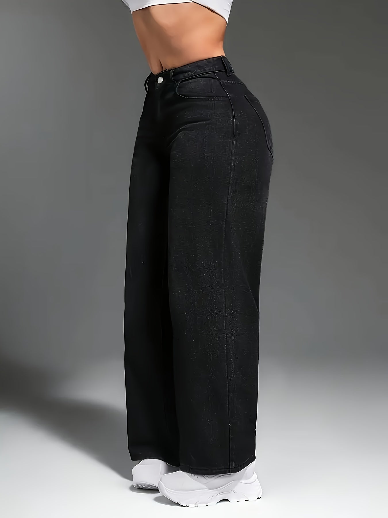 Jeans Femme Jambe Droite Couleur Unie Noir Jambe Large Taille Haute Toute Saison Décontracté Durable Polyvalent