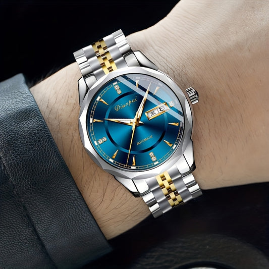 Montre Mécanique Automatique Homme – Acier Inoxydable, Grand Cadran avec Aiguilles Dorées, Chronographe de Luxe avec Calendrier & Affichage de la Semaine, Marqueurs Lumineux, Étanche 30 m – Idée Cadeau pour Homme (Fête des Pères, Anniversaire)