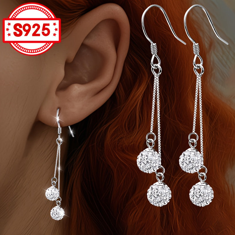 1 paire boucles d’oreilles pendantes pour femmes avec incrustation de 2 perles shamballa design à pompon blingbling en argent S925 accessoire élégant pour un usage quotidien cadeaux festifs mariages fêtes et banquets hypoallergénique