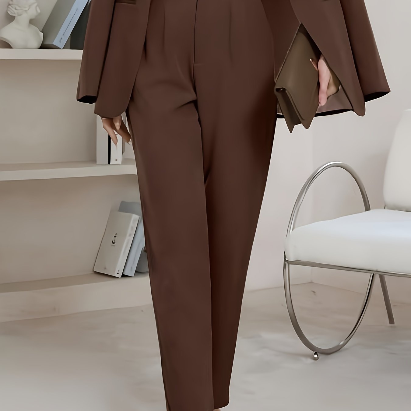 Pantalon Femme Élégant Jambe Large Effilée – Couleurs Unies, Sans Ceinture, Fermeture Zippée Intégrée