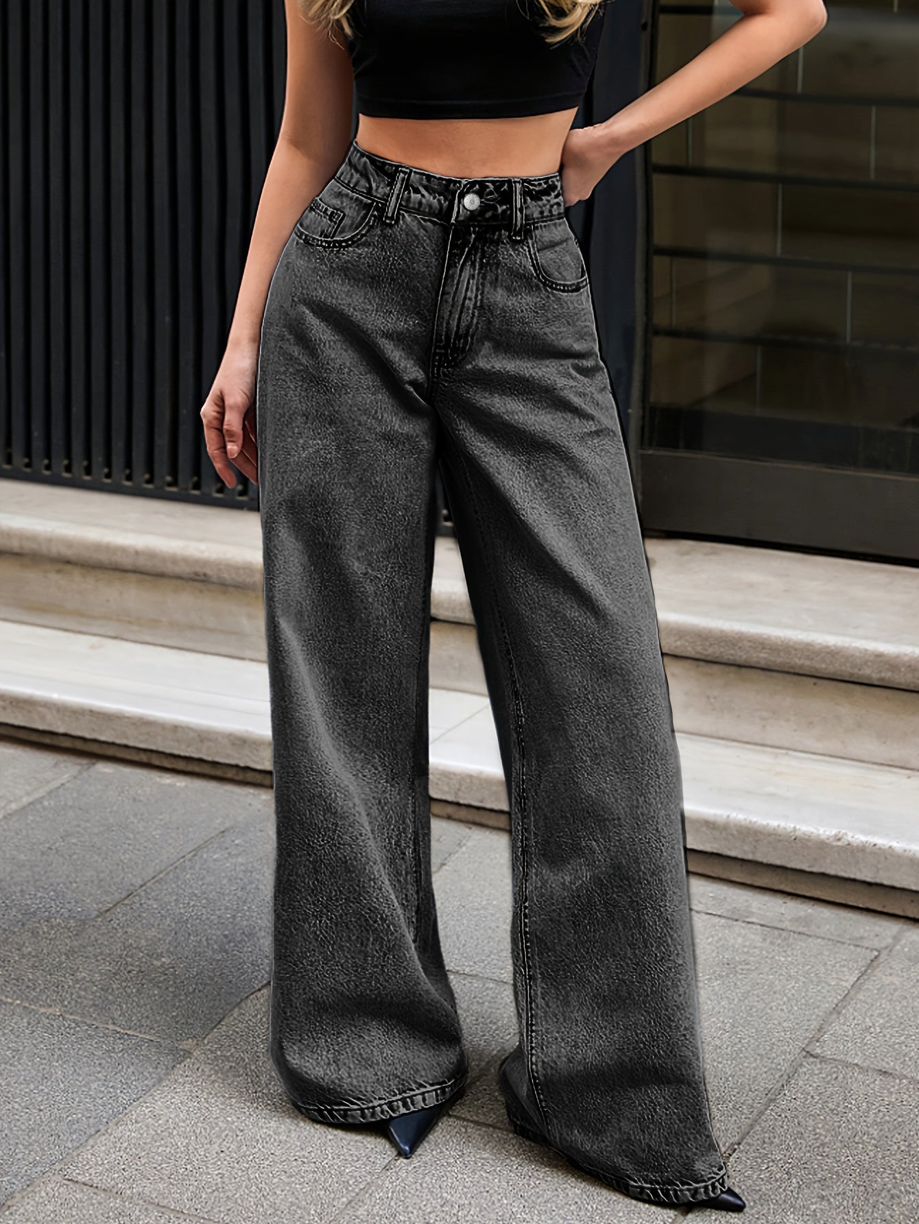 Jeans Femme Taille Haute Jambe Large Élégant Non Extensible Fermeture Zippée Toute Saison Décontracté et Formel Polyvalent Design Minimaliste