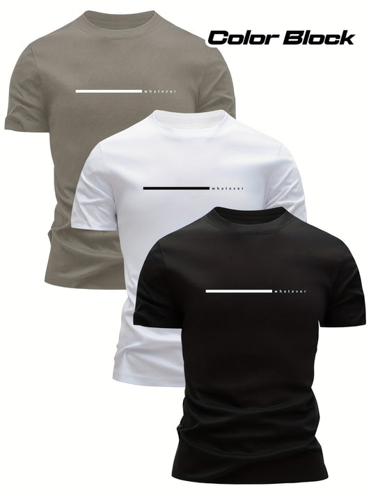 3pcs Men'S 100% T-Shirts - Breathable Round Neck Short Sleeve Tops with Minimalist Letter Print, Lightweight Summer Casual & Athletic Wear, Grey Color Block For Casual Attire, Versatile Clothing, Modern Design, Comfortable Fi