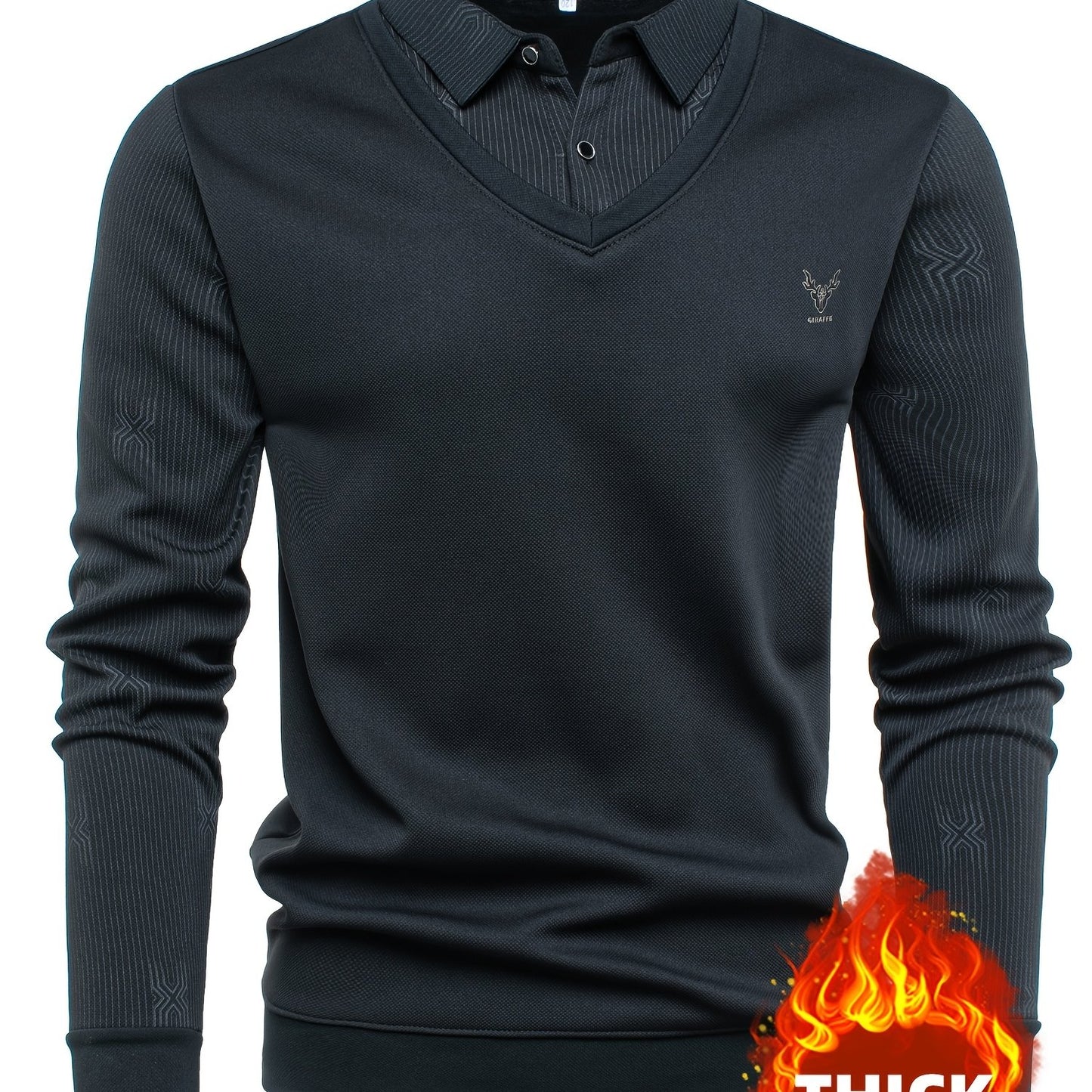 New Autumn And Winter Men'S Long-Sleeve Thickened Fleece Top with a Faux Two-Piece Design, Featuring a Deer Head Label, Stylish Pinstripe Pattern, Warm And Soft for Cold Weather, Perfect for Outdoor Activities, And a Great Gi