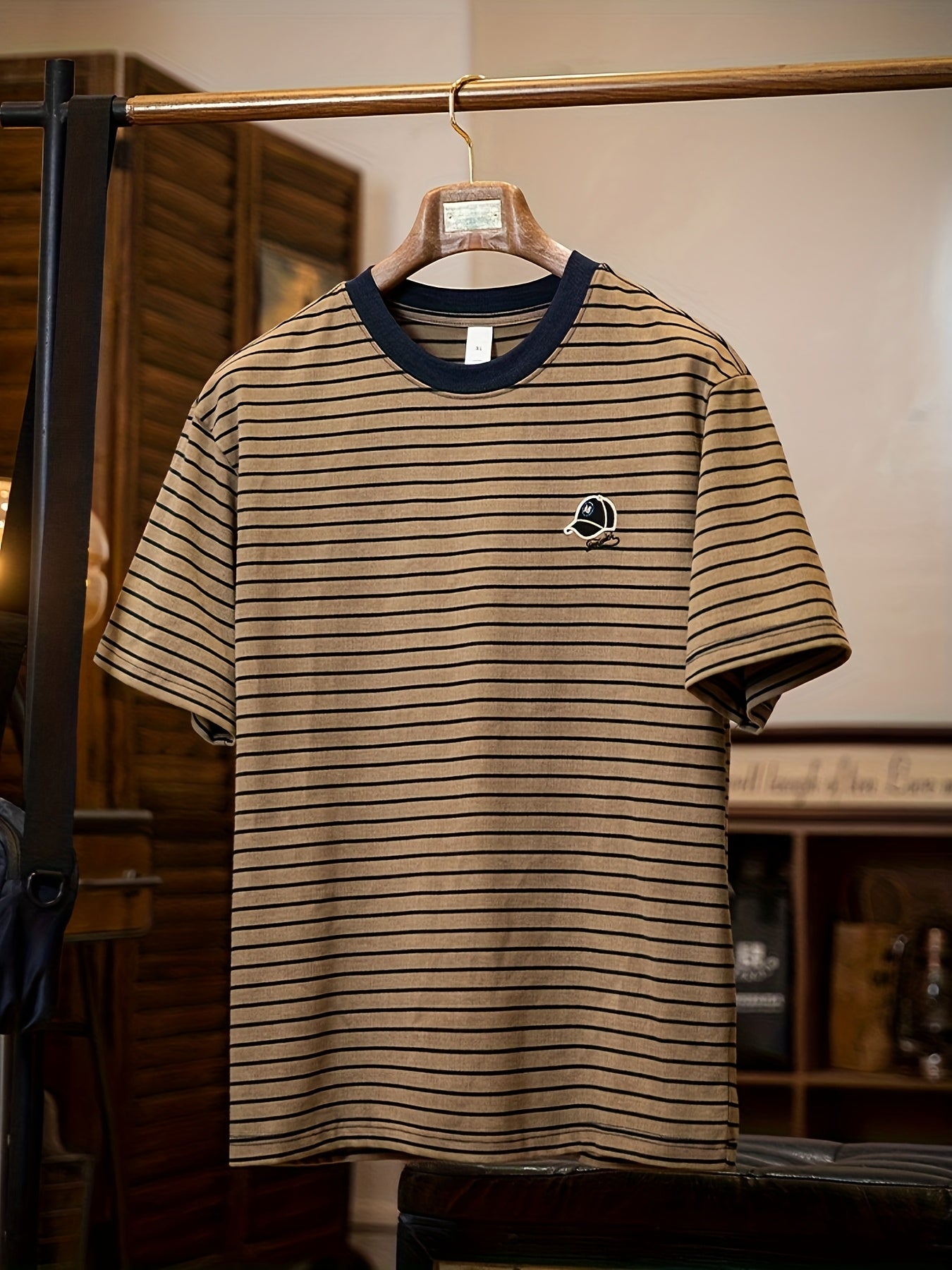 Men&Apos;S Casual Streetwear T-Shirt - Brown & White Striped, Crew Neck, Short Sleeve, Embroidered Logo, Loose Fit, Blend, Casual Summer Top|Striped Tee|Embroidered Detail
