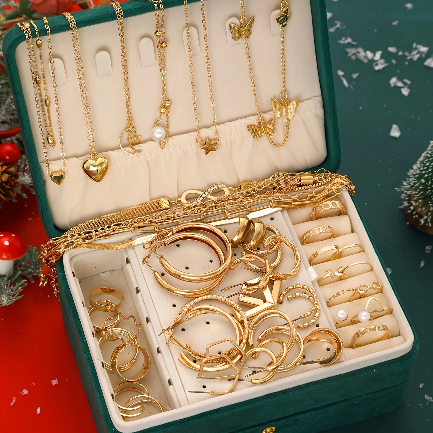 Ensemble de 58 pièces de bijoux femme, collier cœur et papillon, boucles d’oreilles, bracelet et bague avec zirconia synthétique et perles, thème Noël, élégant et polyvalent