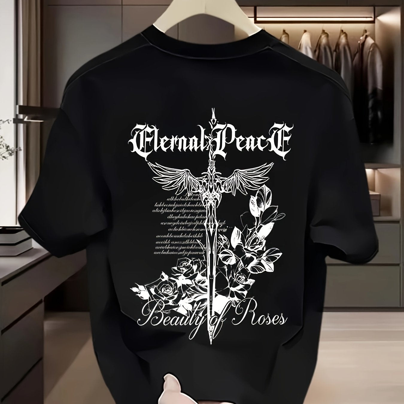 Men's Heavyweight 100% Cotton Graphic T-Shirt - Gothic "Eternal Peace" & "Beauty of Roses" Print, Black Regular Fit Short Sleeve Summer Casual Top, Plus Size Breathable Tee for Casual Attire, Floral Wolf Design, Soft Texture