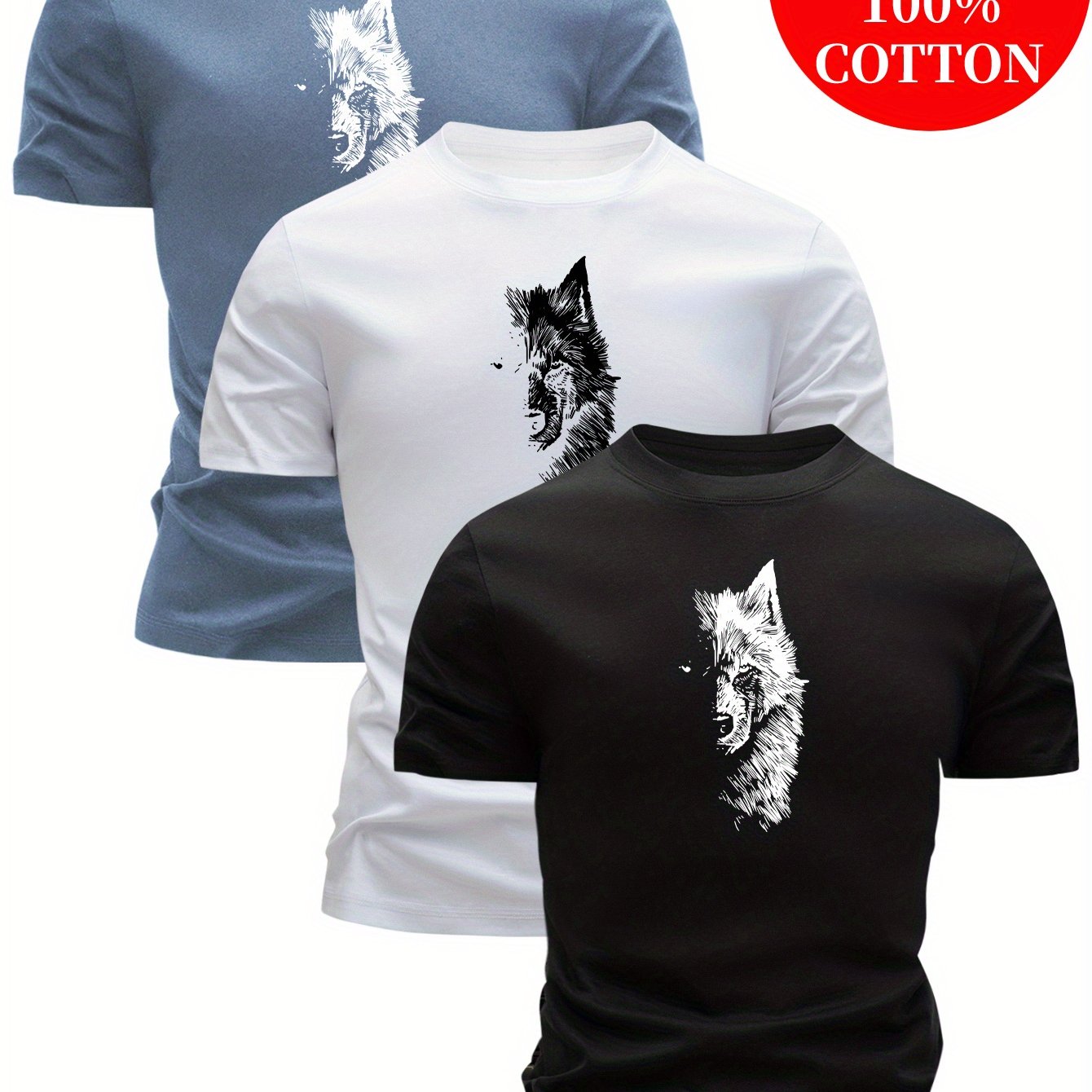 3pcs 100% Cotton T-Shirts with Wolf Graphic, Casual Crew Neck in Multiple Colors for Men