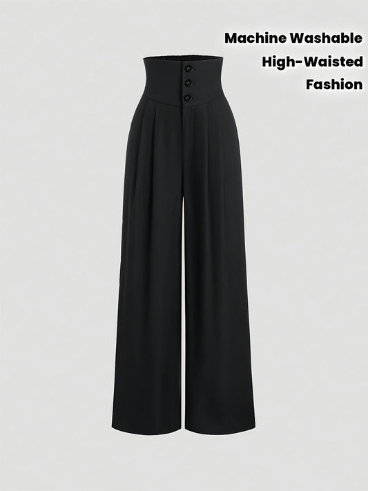 Pantalon Femme Taille Haute – Jambe Large, Élégant, Boutons, Bureau et Décontracté, Tous Saisons