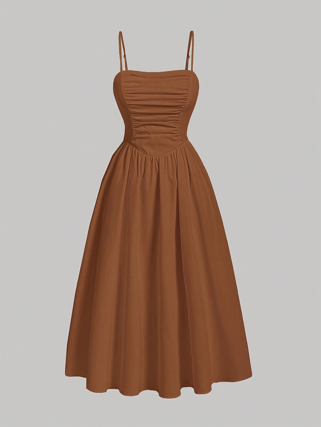 Robe Midi Femme Élégante – Coupe A-Line Marron, Bretelles Fines Ajustables, Taille Cintrée, Sans Manches, Épaules Dévoilées, Idéale Printemps/Été