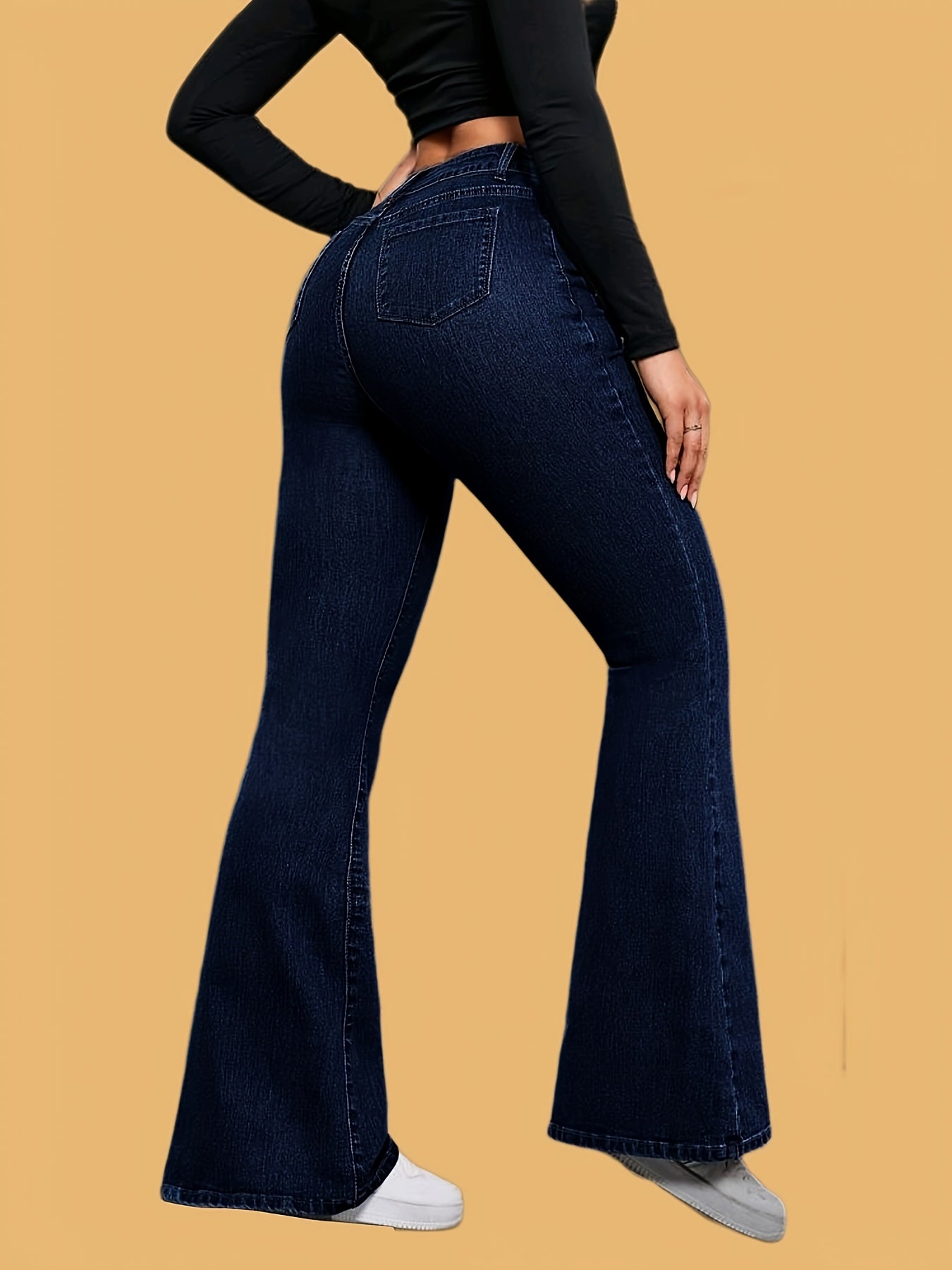Jeans Femme Taille Haute Évasé Extensible Longueur Totale Boutons Élégant Toute Saison Confortable Polyvalent