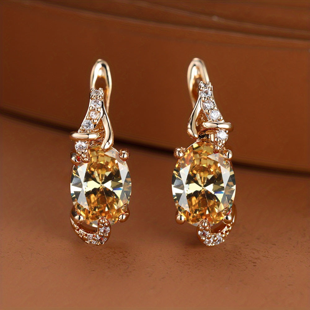 Boucles d'Oreilles Plaquées Or 18K – Pierre Colorée Taille Ovale, Style Élégant