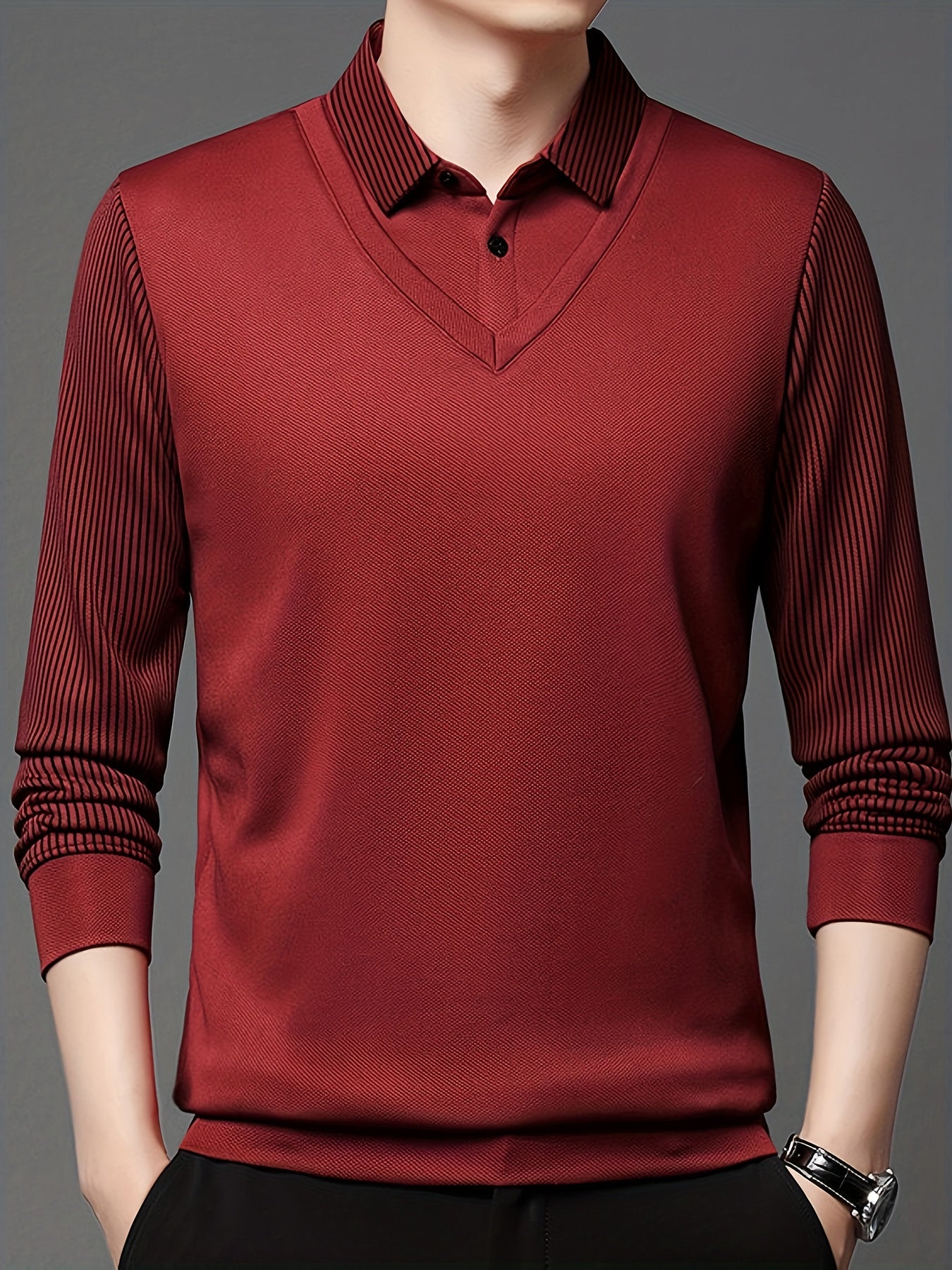 Men'S Casual Two-Tone Polo Shirt - Lightweight Loose Fit Solid Color Top with Button Collar, Long Sleeves, and Chest Pockets for Spring/Fall, Perfect for Casual Attire, Spring Fall Apparel | Classic Collar Design | Slight Str