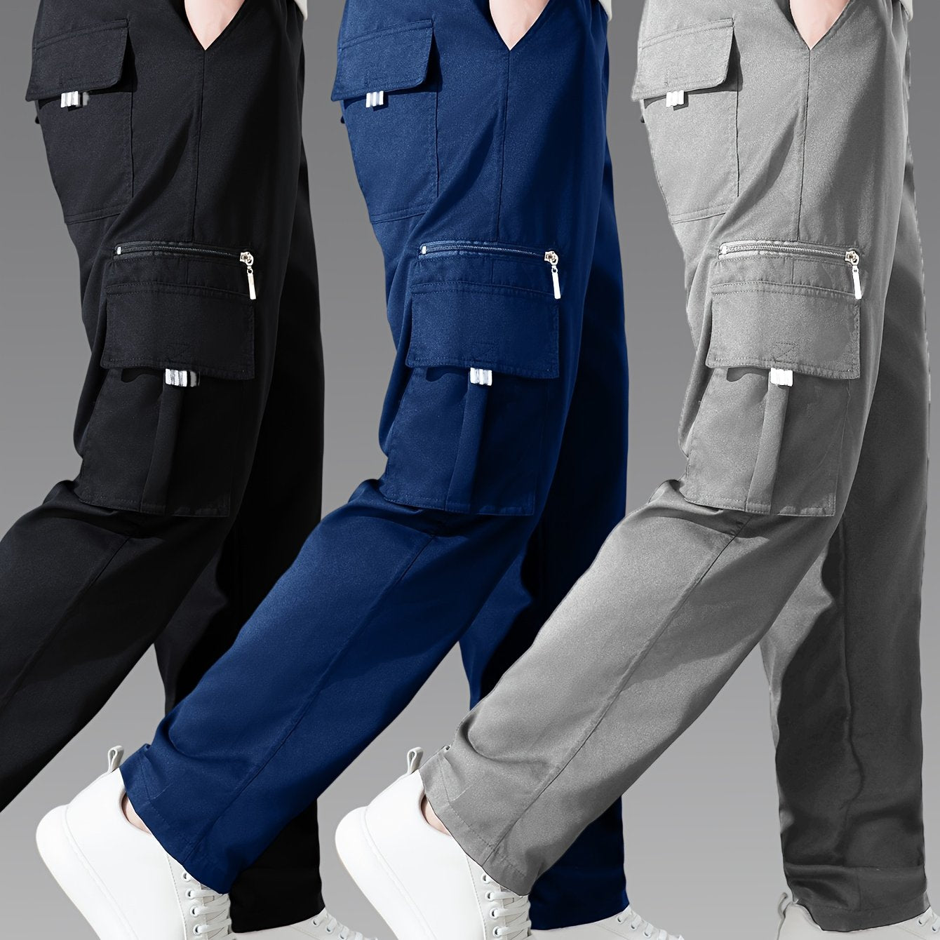 3pcs Pantalons Cargo Homme – Casual, Multipoches, Jambe Droite, Polyester, Regular Fit