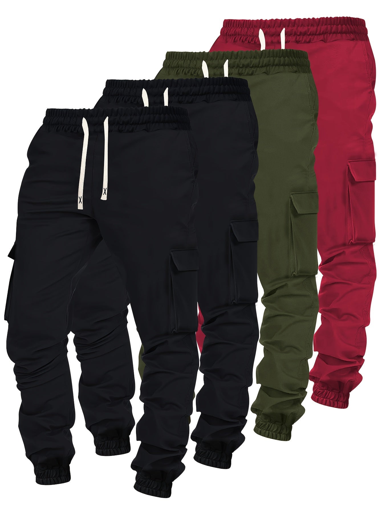 Lot de 4 pantalons cargo homme robustes – Pantalons toutes saisons avec multiples poches, taille à cordon élastique et passants de ceinture, idéaux randonnée, jogging, casual – Lavables en machine (noir/olive/beige/bleu marine) – Coupe régulière