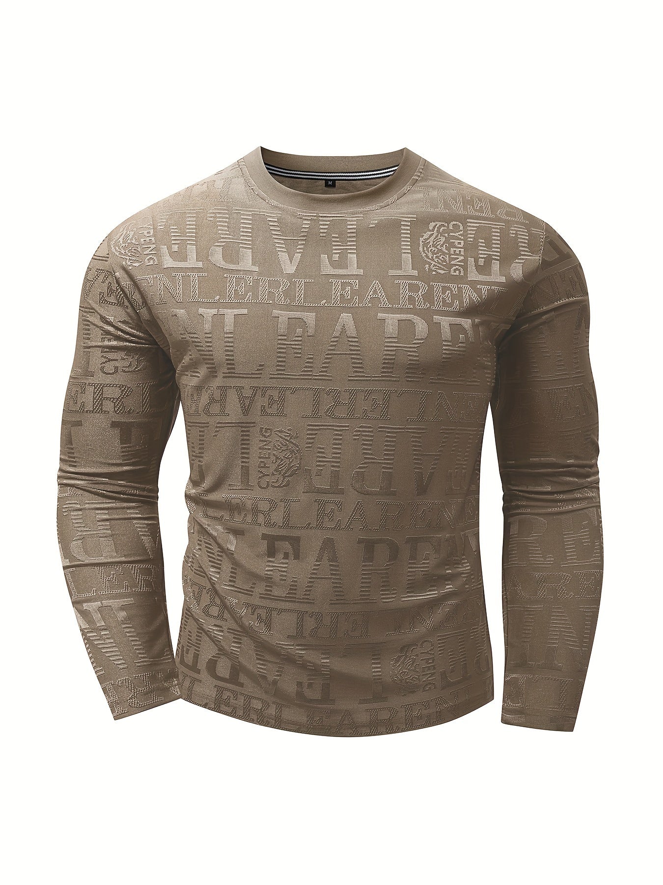 Men's Slim-Fit Casual Long Sleeve T-Shirt with Geometric Letter Design - Breathable Polyester, Machine Washable