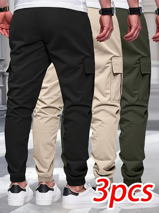 Pantalon cargo pour homme à multiples poches – coupe large, taille à cordon, couleur unie, tissu non extensible, style décontracté, confort toutes saisons