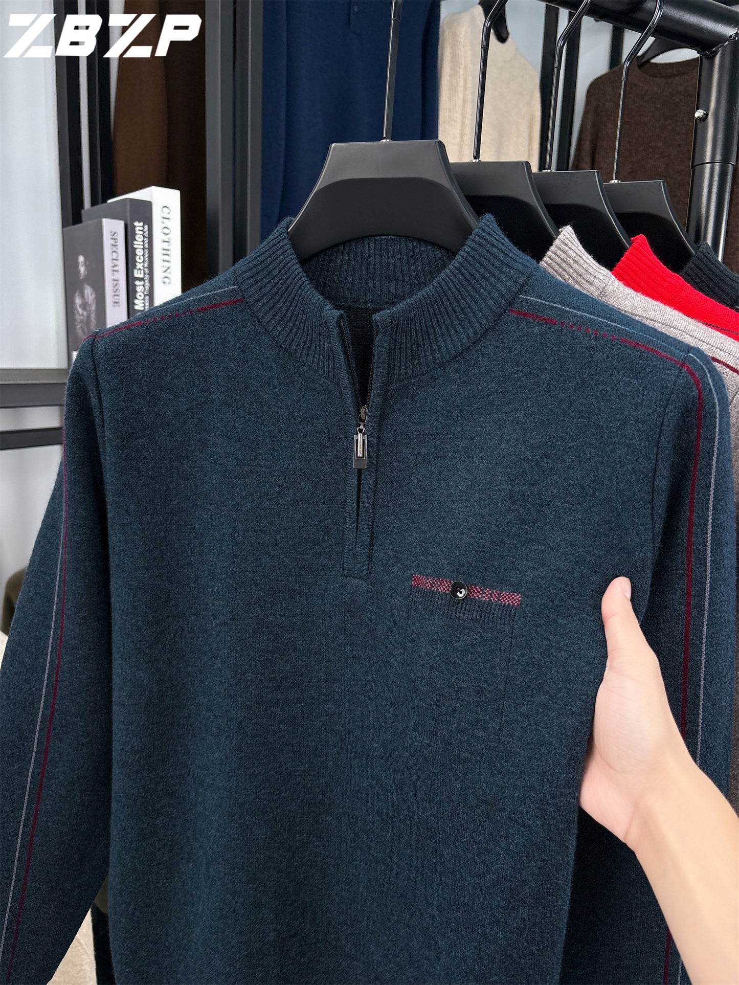 Men's Heavyweight Half-Zip Sweater - Stand Collar Zippered Winter Knit Sweater with Striped Collar & Back Logo, Dark Blue Casual Warm Pullover for Fall/Winter, Versatile Layering for Office & Casual Attire