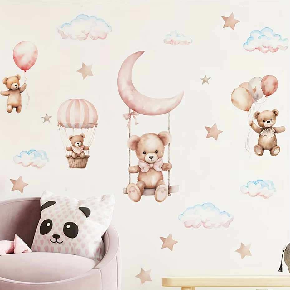 Blue and Pink Hot Air Balloon Bear Wall Sticker – Self-Adhesive Vinyl Nursery Wall Decal