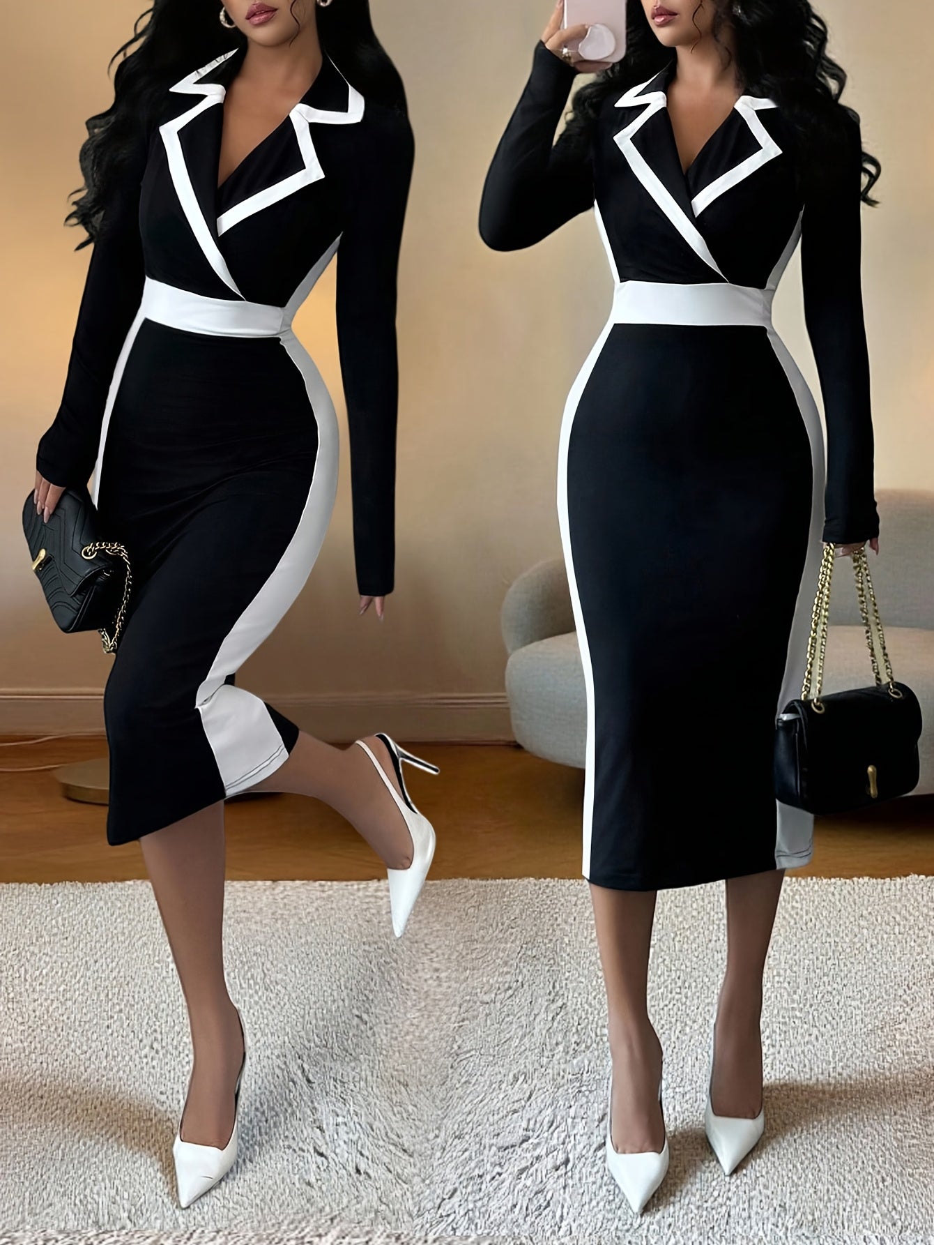 Women's Autumn and Winter Contrast Color Fashion Elegant Commuter Party Outing Long Sleeve Dress