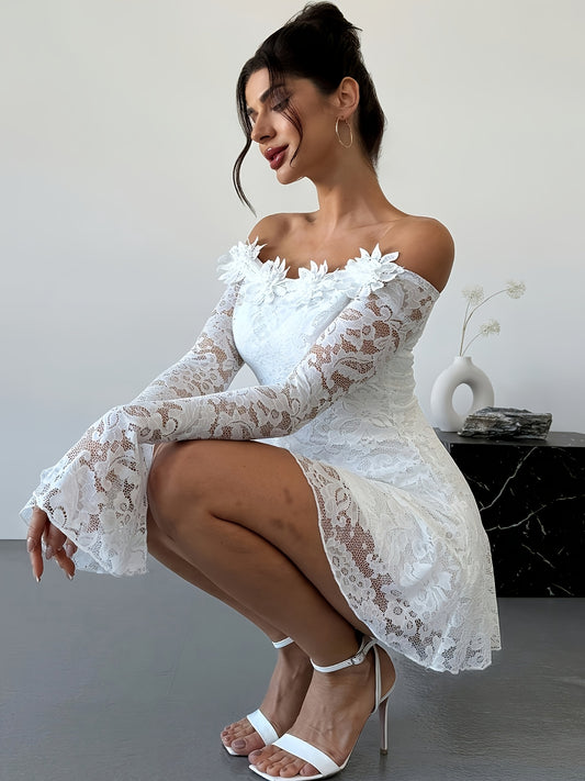 Robe femme à épaules dénudées – Dentelle florale blanche,