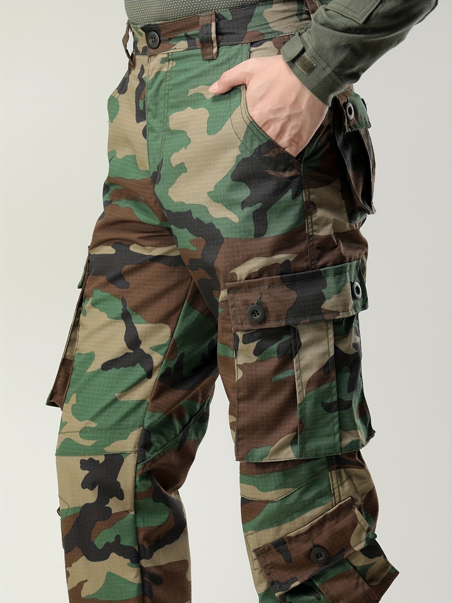 Pantalons Travail Homme – Cargo Tactiques, Multipoches, Anti-Rayures, Loose Fit, Outdoor, Marron/Vert/Noir