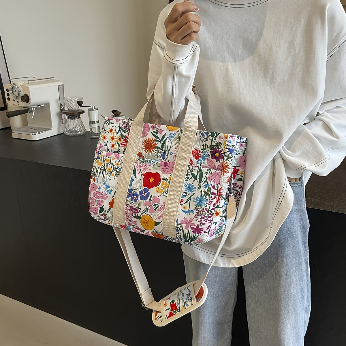 Sac Femme Grande Capacité – Imprimé Tournesol, Cabas et Bandoulière, Bandoulière Longue Ajustable, Matériel Doré, Multi-Compartiments, Tissu Durable pour Travail et Voyage