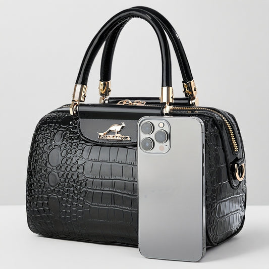 Sac noir en PU pour femmes – motif crocodile brillant, fermeture zippée, grande capacité, sac oreiller, bandoulière simple, idéal travail, trajets et voyage