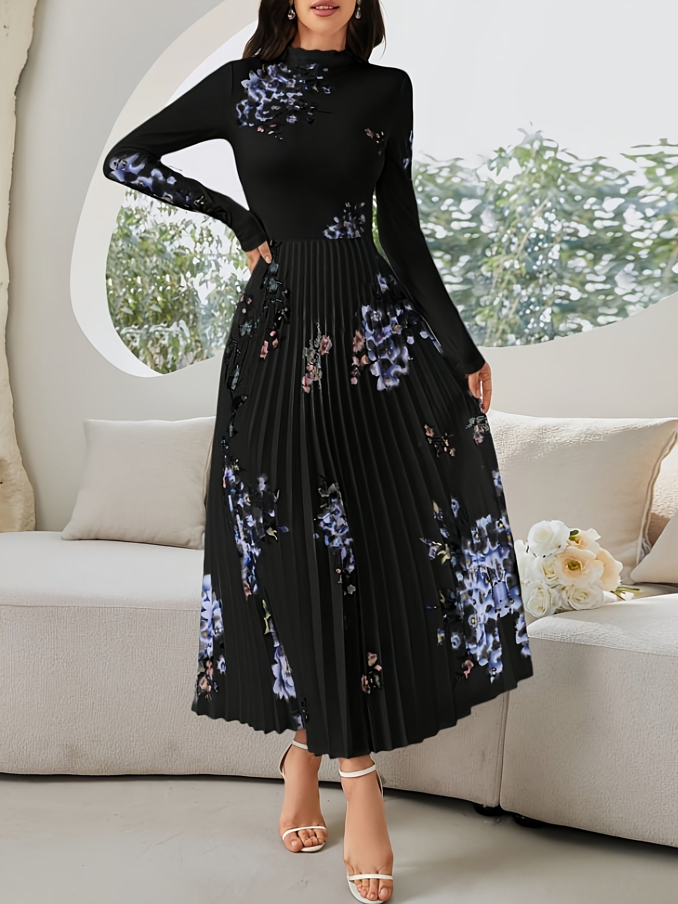 Robe Longue Élégante – Imprimé Floral Noir et Bleu, Col Montant, Manches Bouffantes Longues, Coupe A-Ligne, Idéale Soirées, Mariages et Événements Printemps/Automne, Lavable en Machine