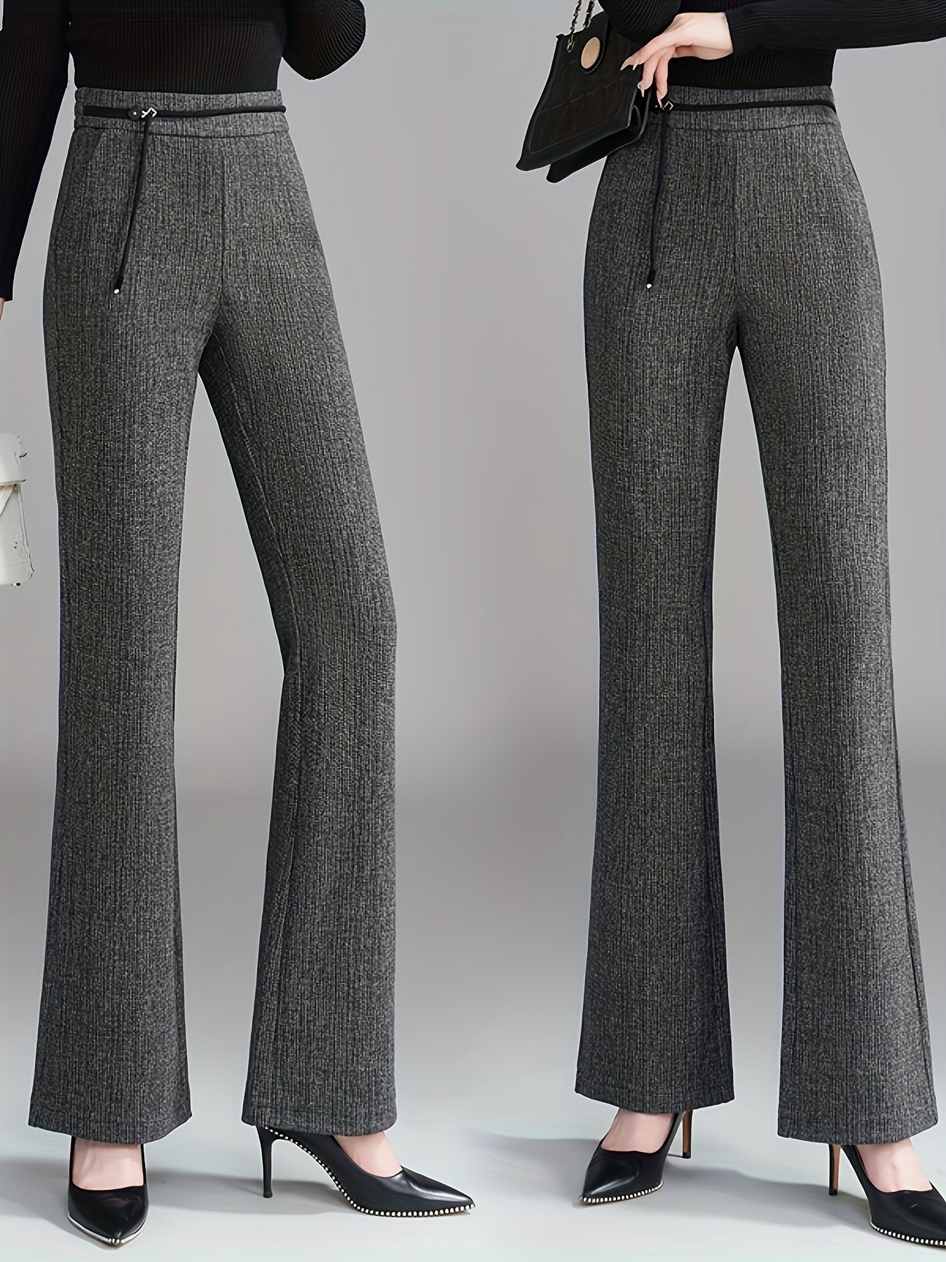 Pantalon Femme Taille Haute Évasé – Gris Côtelé, Boutons Zippés, Confortable et Polyvalent, Printemps/Automne