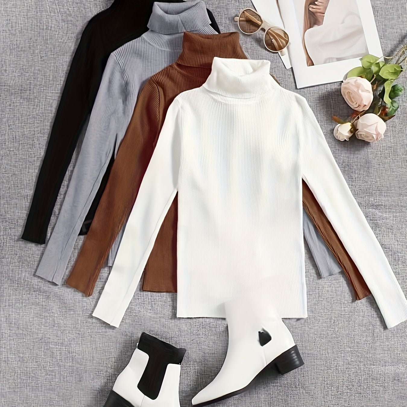 Pull Col Roulé Élégant pour Femme – Ensemble Haut à Col Montant, Manches Longues Confortables en Blanc et Marron, Idéal Automne/Hiver, Pièce de Superposition Stylée, Vêtement d’Hiver Élégant