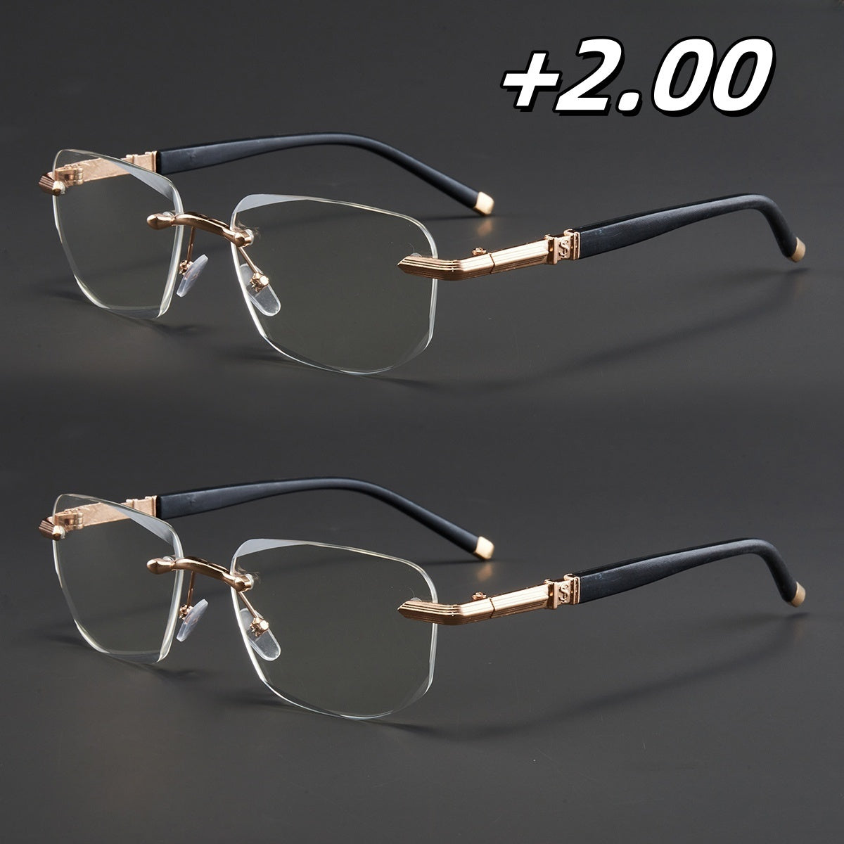 Two Pairs, Bundled Set, Stylish, Men'S, Exquisite, Luxurious, Rimless, Beveled Edge, Reading Glasses, Metal Frame, Options: 100, 150, 200, 250, 300, 350, And 400 Degrees, Without Battery, Christmas Gifts