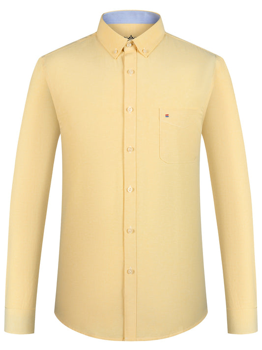 Men'S Cotton Blend Dress Shirt, Casual Lapel Collar, Non-Stretch Solid Color, Regular Long Sleeve, Embroidered Single Breasted Placket, Regular Fit, for Spring/Fall - Woven Oxford Fabric