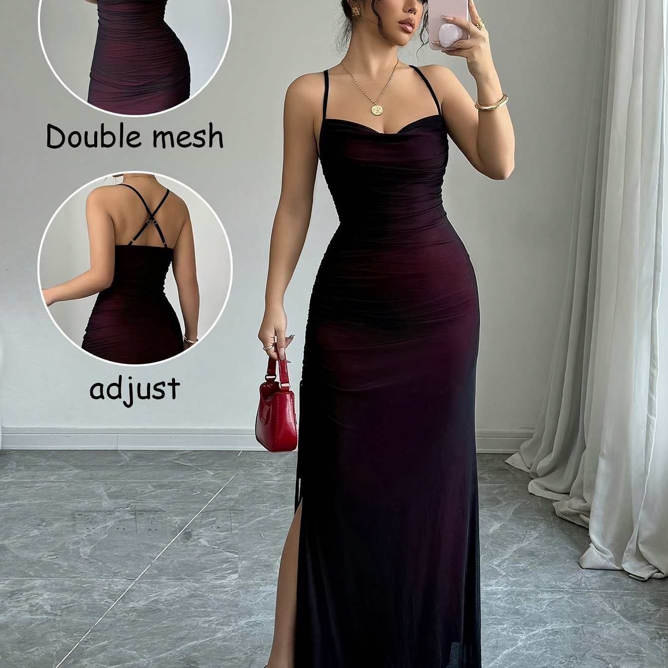 Women's Mesh Panel Cross-Back Long Dress