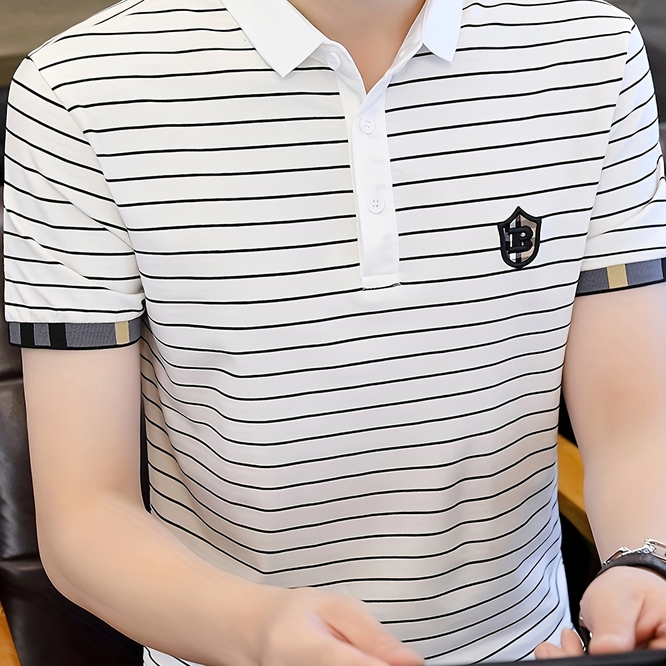 Men's Slim-Fit Black & White Striped Shirt with Golden Accent Collar & Chest Embellishment - Short Sleeve, Machine Washable, Tailored Casual & Semi-Formal Wear, Durable & Comfortable for Everyday Special Occasions, Versatile