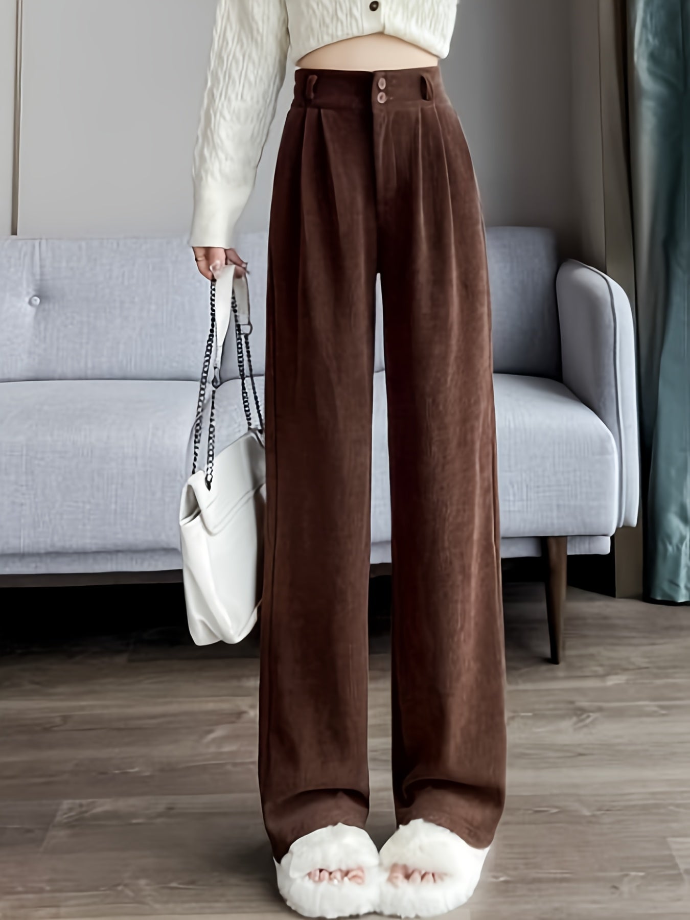 Pantalon Femme Jambe Large – Élégant, Taille Haute, Tissu Non Extensible, Bureau et Décontracté, Automne/Hiver