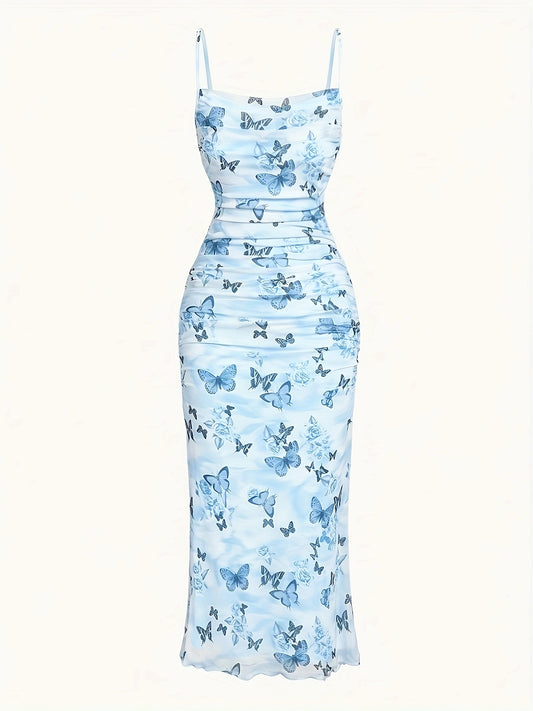 Butterfly Print Spaghetti Suspender Dress