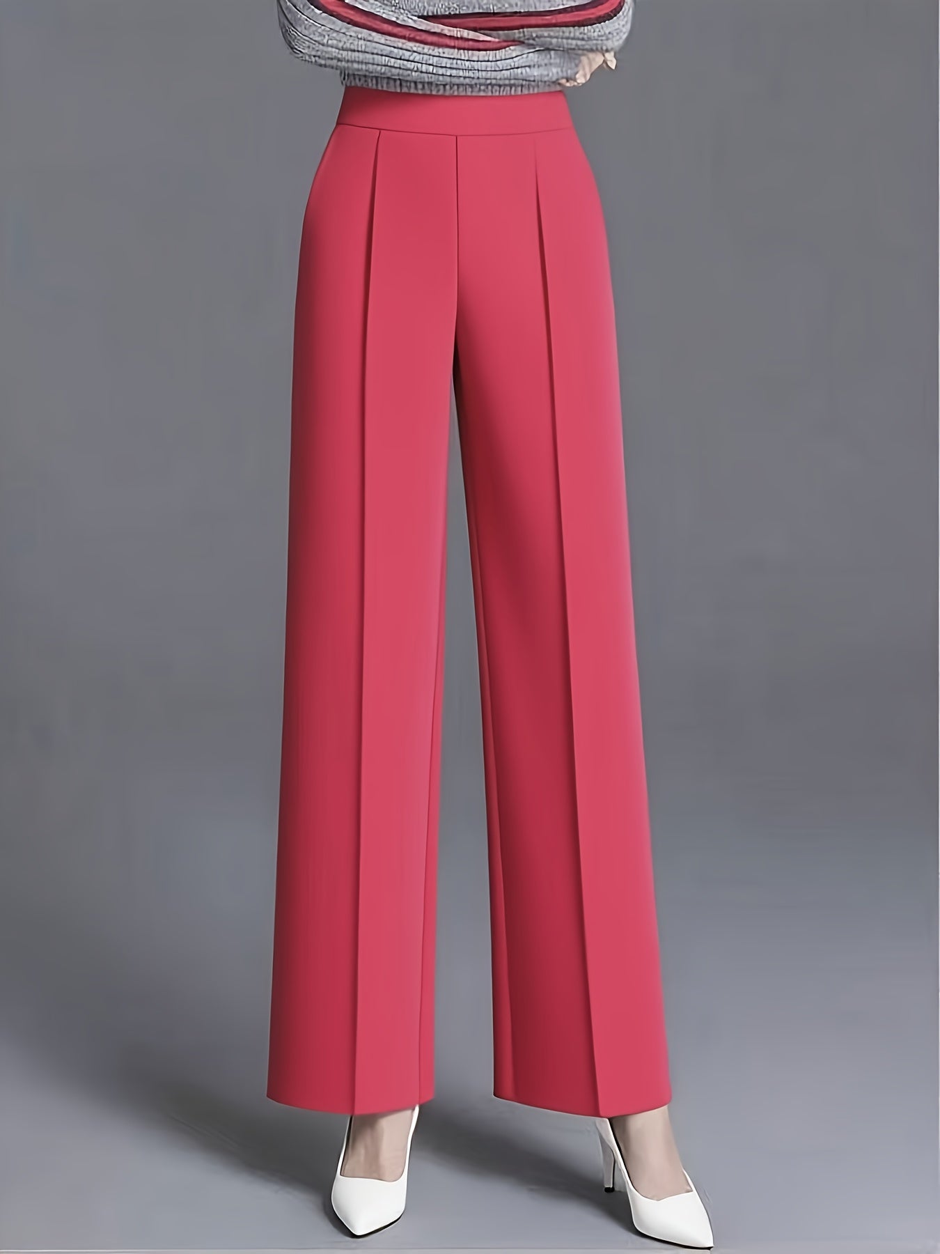 Pantalon Femme Grande Taille Élégant – Taille Haute, Jambe Large, Couleur Unie Rose et Bleu Marine
