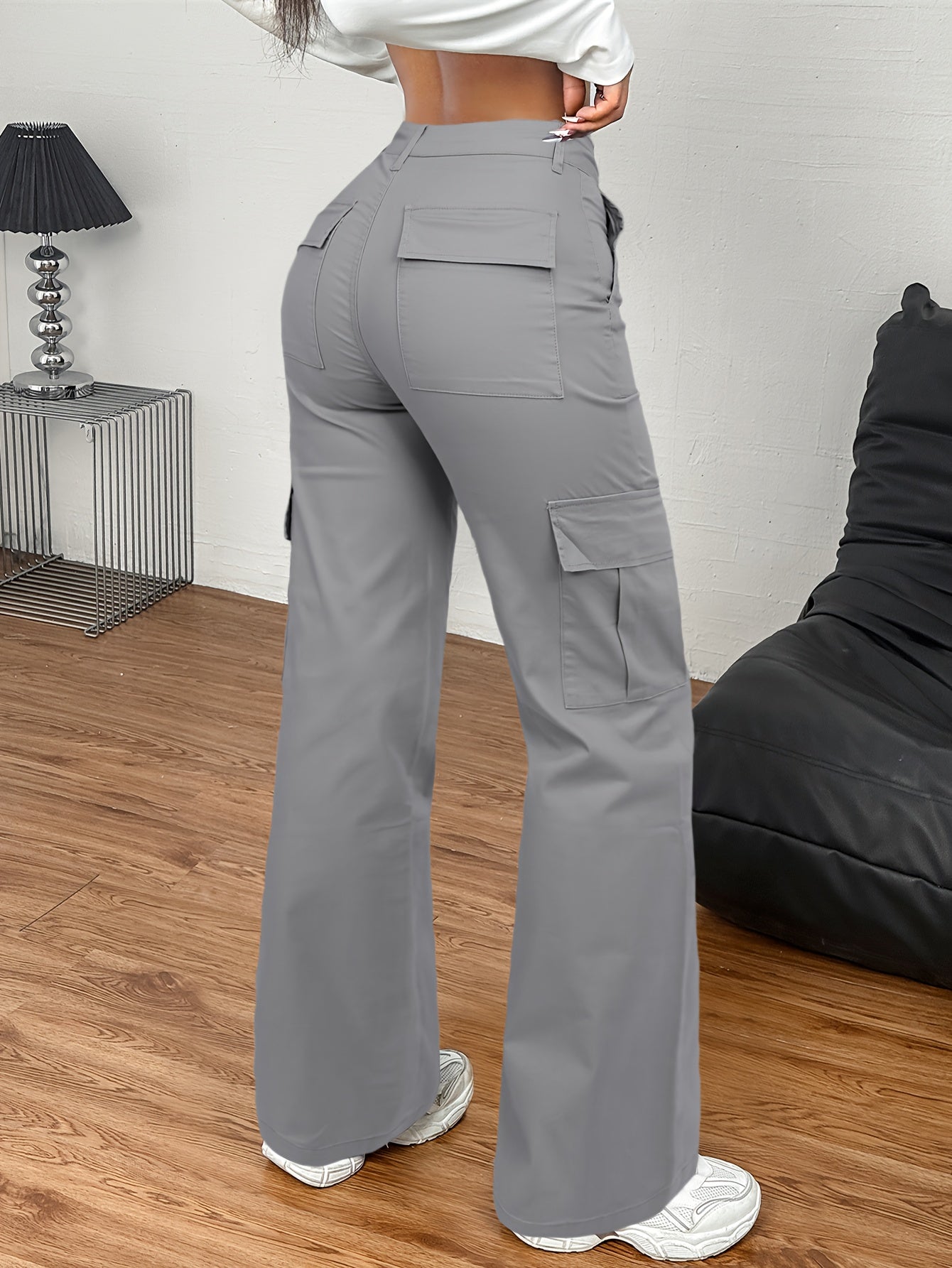 Jeans Cargo Femme – Taille Haute, Beige, Poches Multiples, Jambe Droite, Style Streetwear Hip-Hop