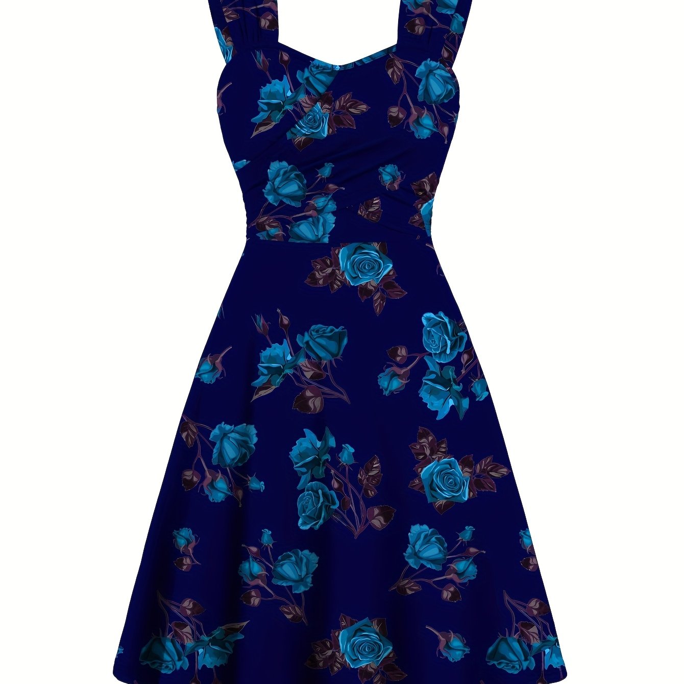 Robe élégante décontractée pour femme, imprimée de roses, plissée sur le devant, à larges bretelles croisées et épaules dénudées