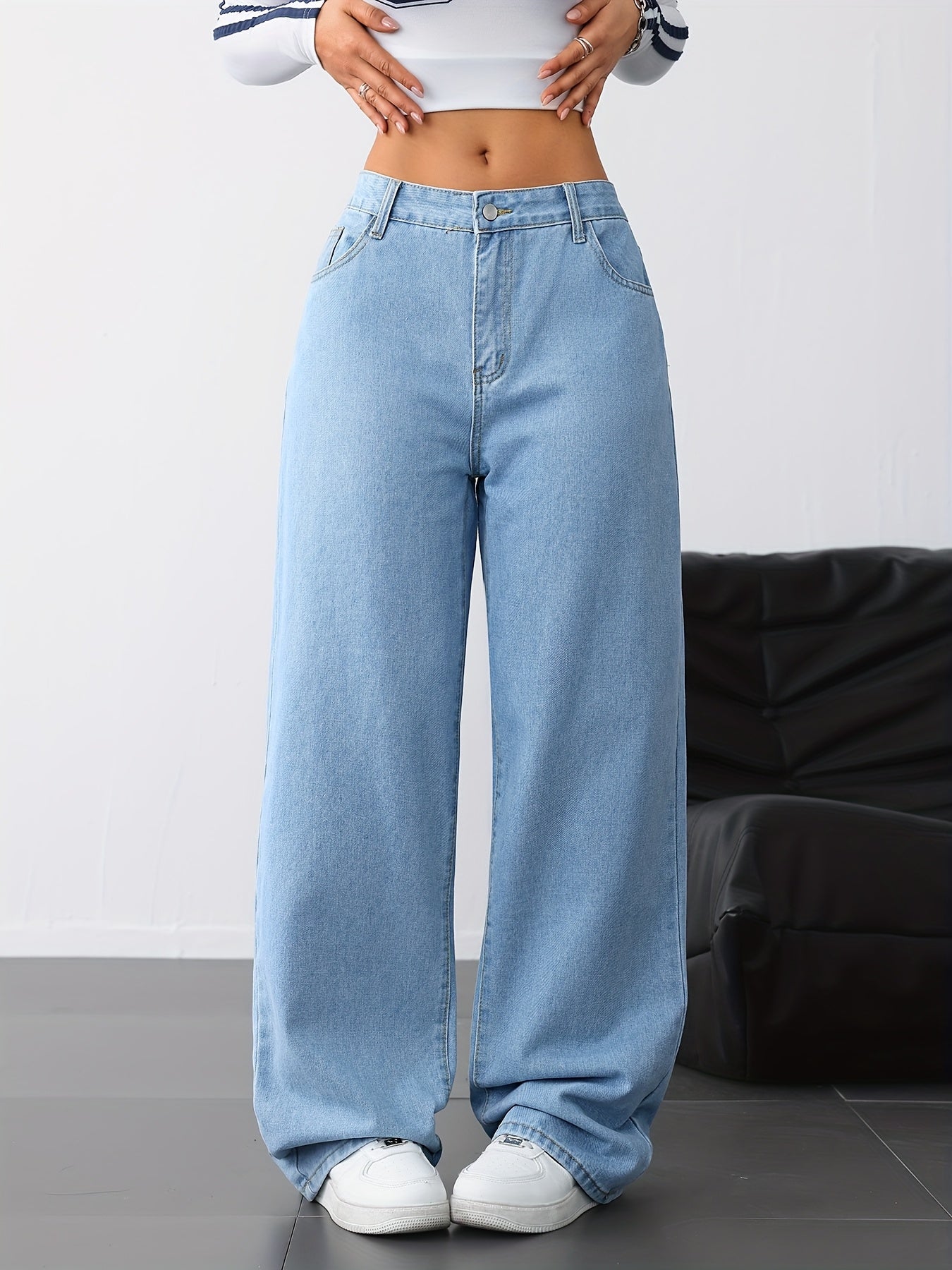 Jeans Femme Jambe Droite Bleu Clair Denim Effet Usé Non Extensible Toute Saison Décontracté Streetwear