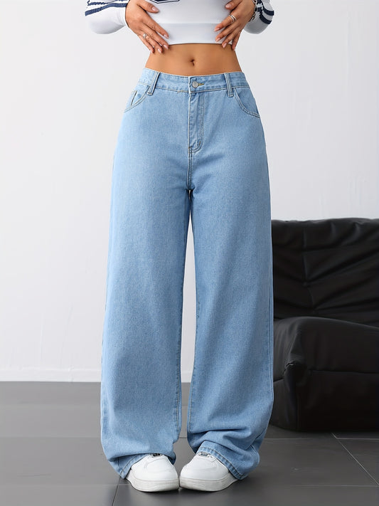 Jeans Femme Jambe Droite Bleu Clair Denim Effet Usé Non Extensible Toute Saison Décontracté Streetwear