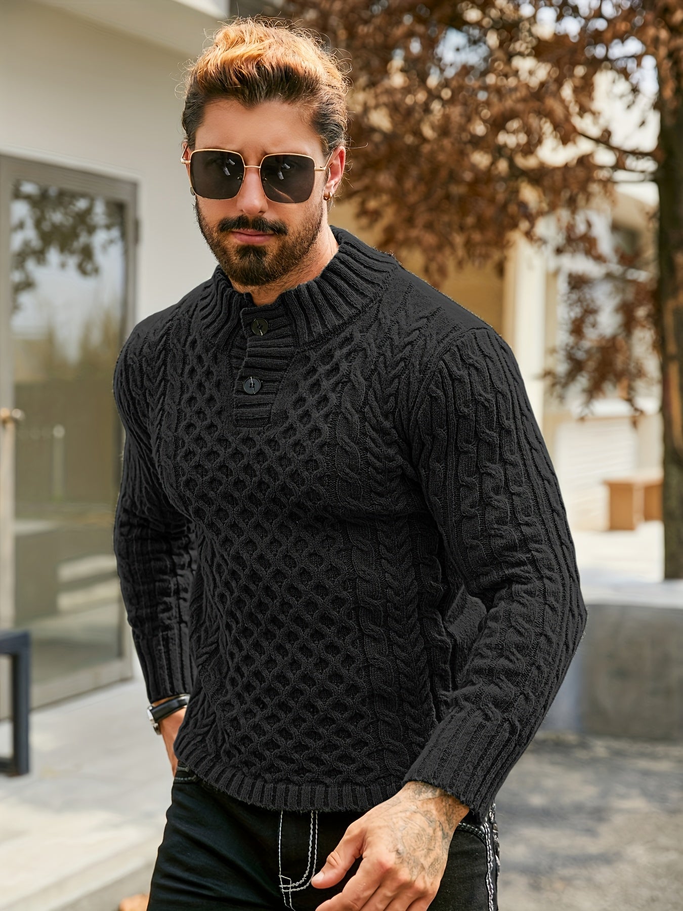Men's Thermal Stand Collar Cable Knit Sweater - Striped H-Shape Regular Fit Pullover, Machine Washable Winter Sweater with Ribbed Detailing for Autumn & Winter, Knit Sweater, Medium Elasticity Fabric