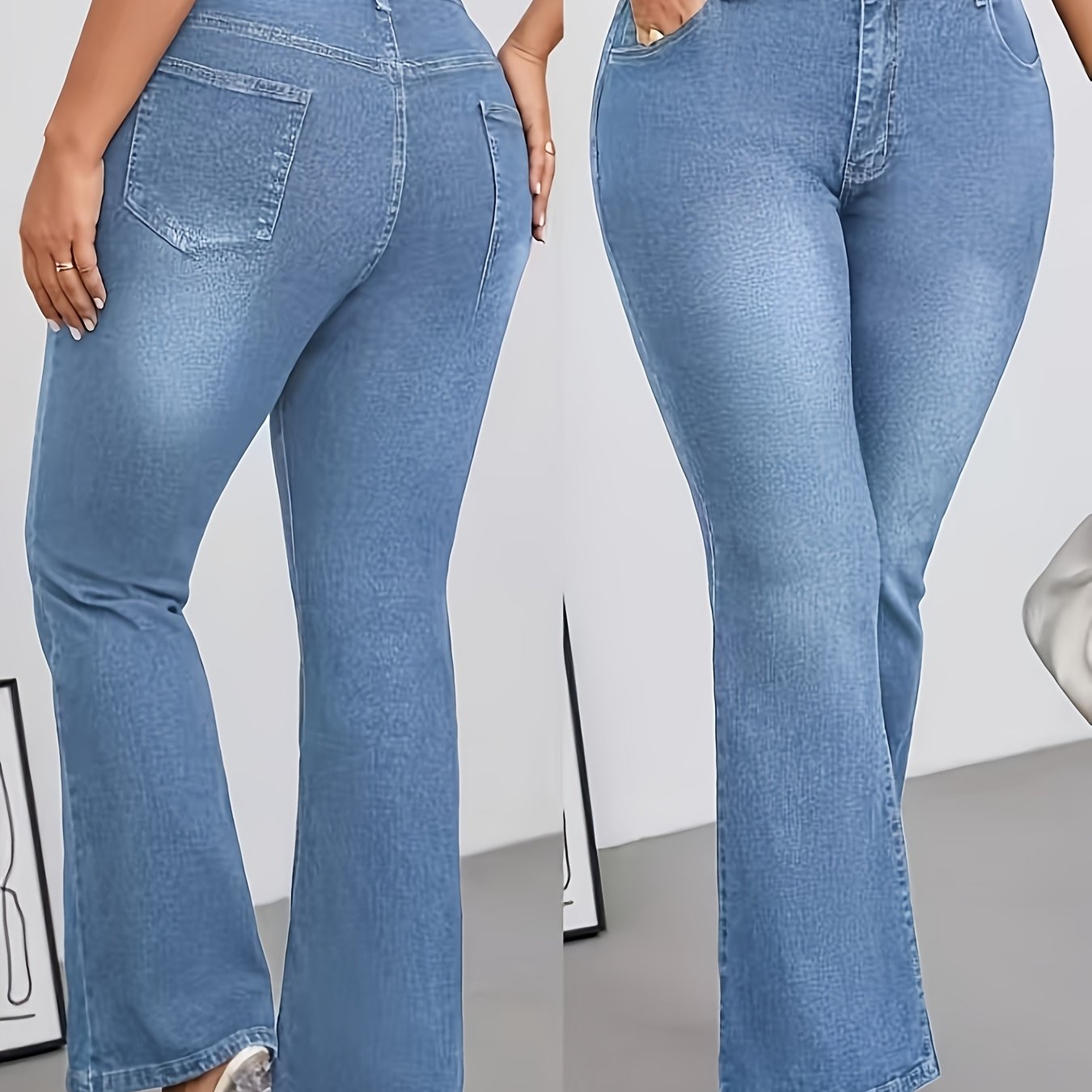 Jeans Femme Grande Taille Taille Haute Évasé Extensible Bleu Poches Obliques Boutons Toute Saison Élégant Décontracté et Formel